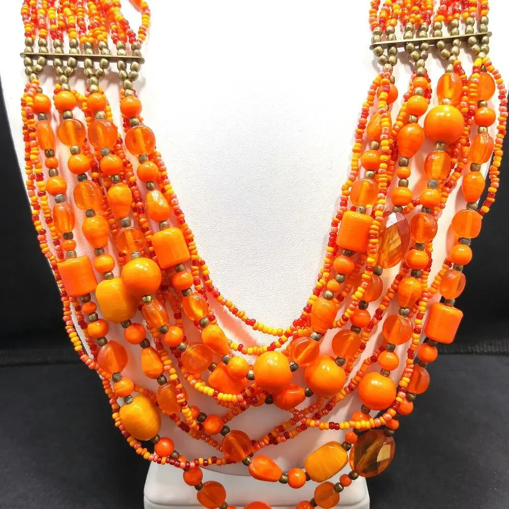 Vintage Czech Glass Bead Necklace, Orange Multistrand Boho Jewelry, 23 Inch
